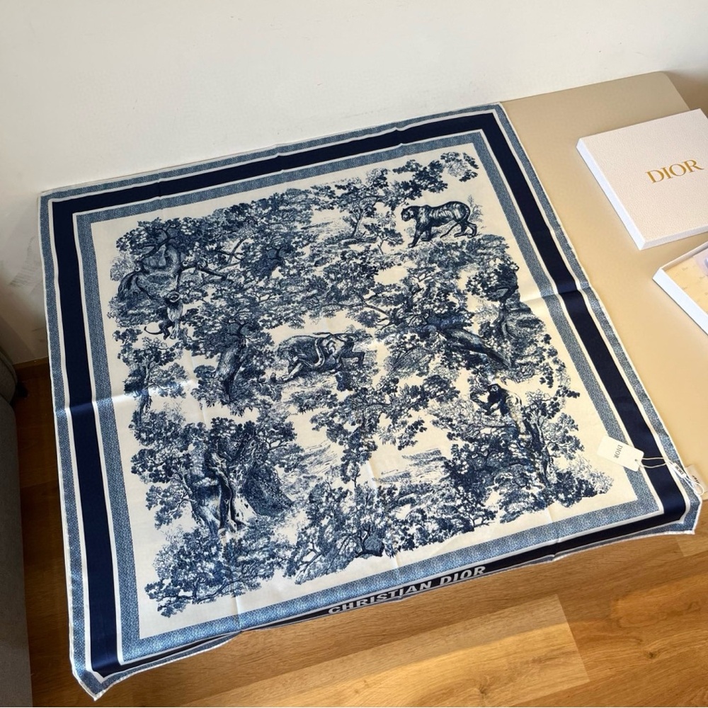 Dior Style Navy & White Toile de Jouy Print Silk Scarf - Picture 7 of 7